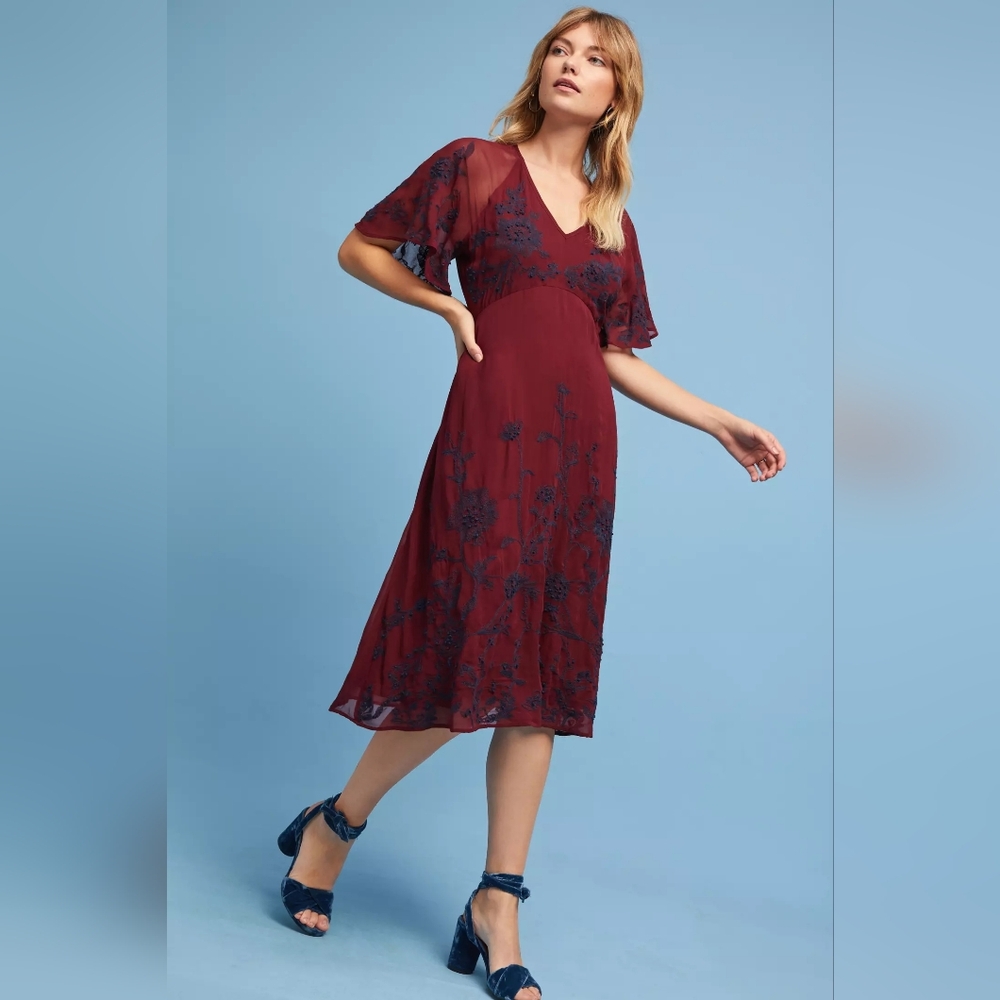 Elegant Burgundy Floral Dress MAEVE ANTHROPOLOGIE, Size 6 / UK 10